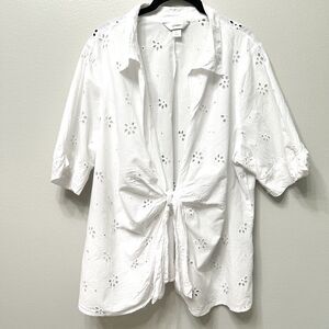 CJ Banks Top Women's 2X White Floral Hearts Tie Front Short Sleeve Shirt Blouse